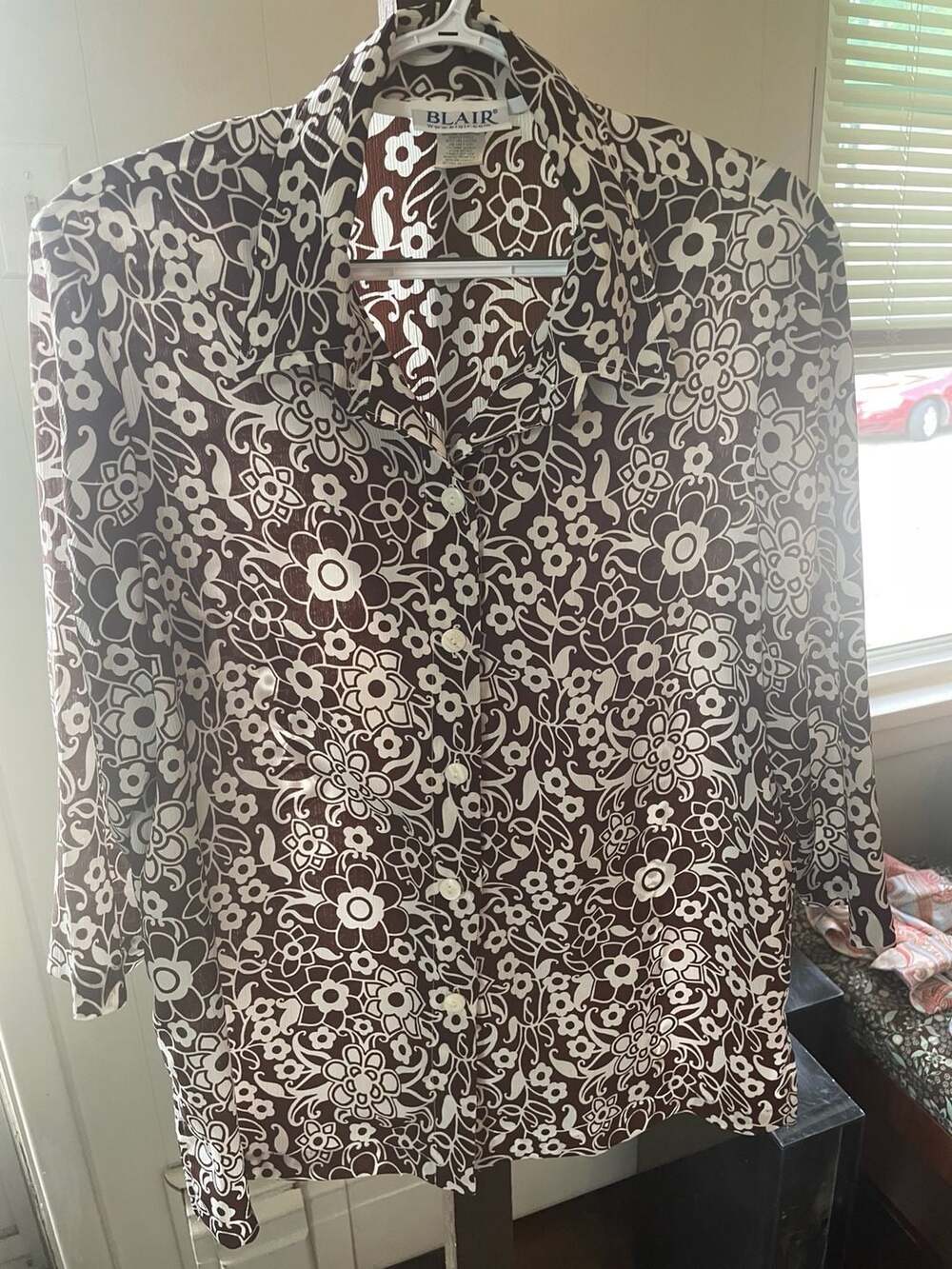 Blair Brown and White Floral Pattern Button-Down Blouse